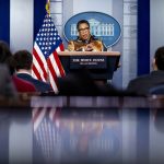 Marcia Fudge speaks to the press from a podium at the White House.