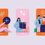 Illustration of person adding item to digital cart, person holding a gift and person holding a credit card, with shopping bags underneath them.