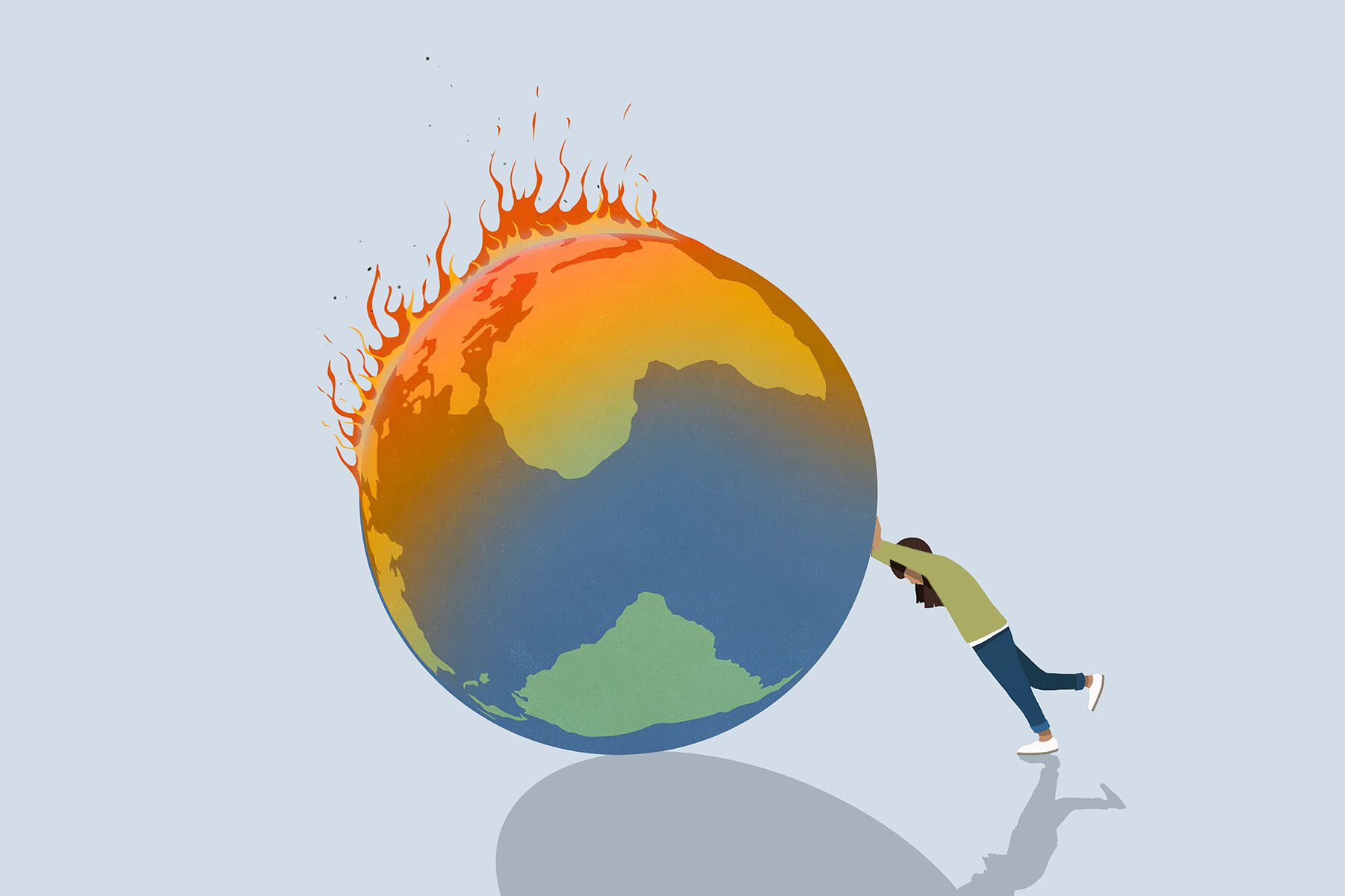 Illustration of a woman pushing pushing a burning globe.