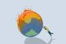 Illustration of a woman pushing pushing a burning globe.