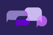 Speech bubbles overlayed on a purple background