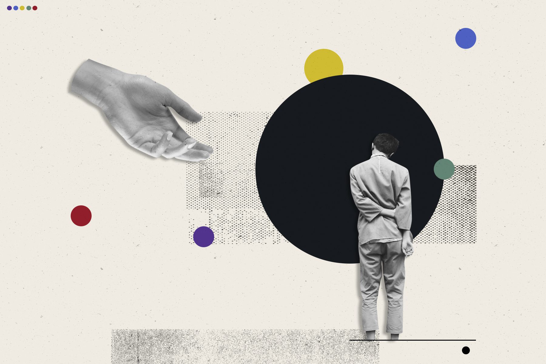 A collage where a figure stands in front of a large black circle. A hand reaches for the figure to the left of them. Small colorful circles dot the rest of the composition.