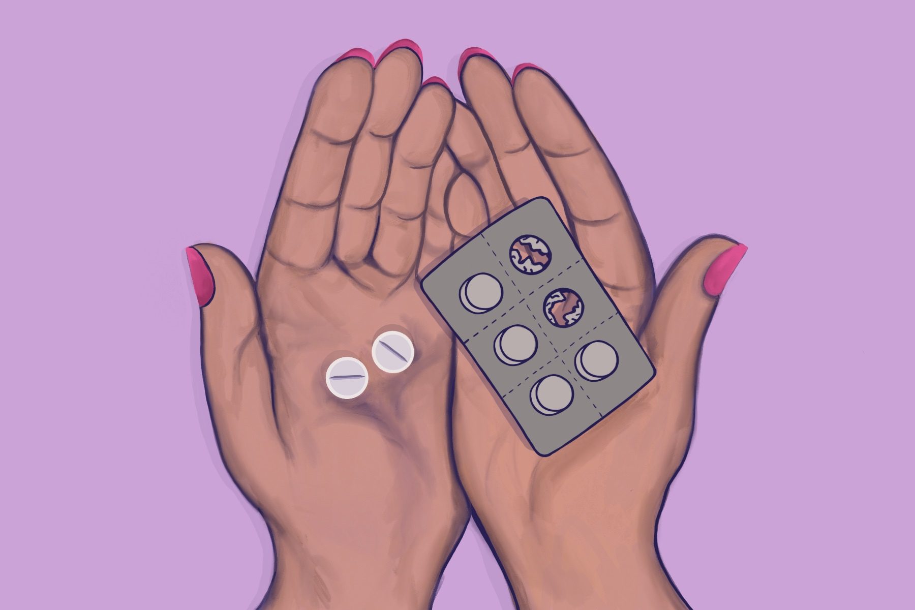 An illustration of hands holding a pill packet with pills.