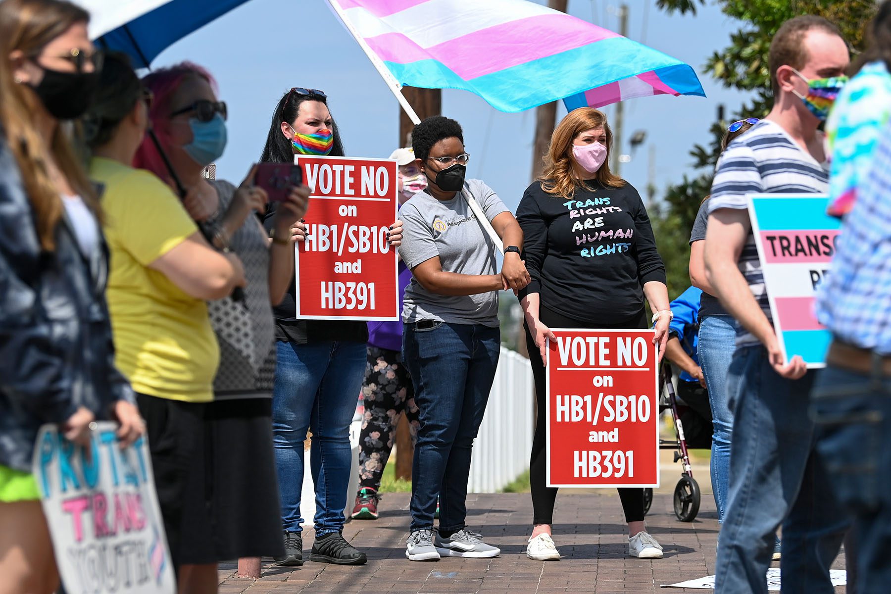 People holding signs that read "VOTE NO on HB1/SB10 and HB391" and waving trans pride flags gather during a rally.