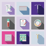 Illustrated icons including birth control pills, IUDs, a condoms, pharmacy prescription notes, a health app on a cell phone and a blood sample in a small vial.