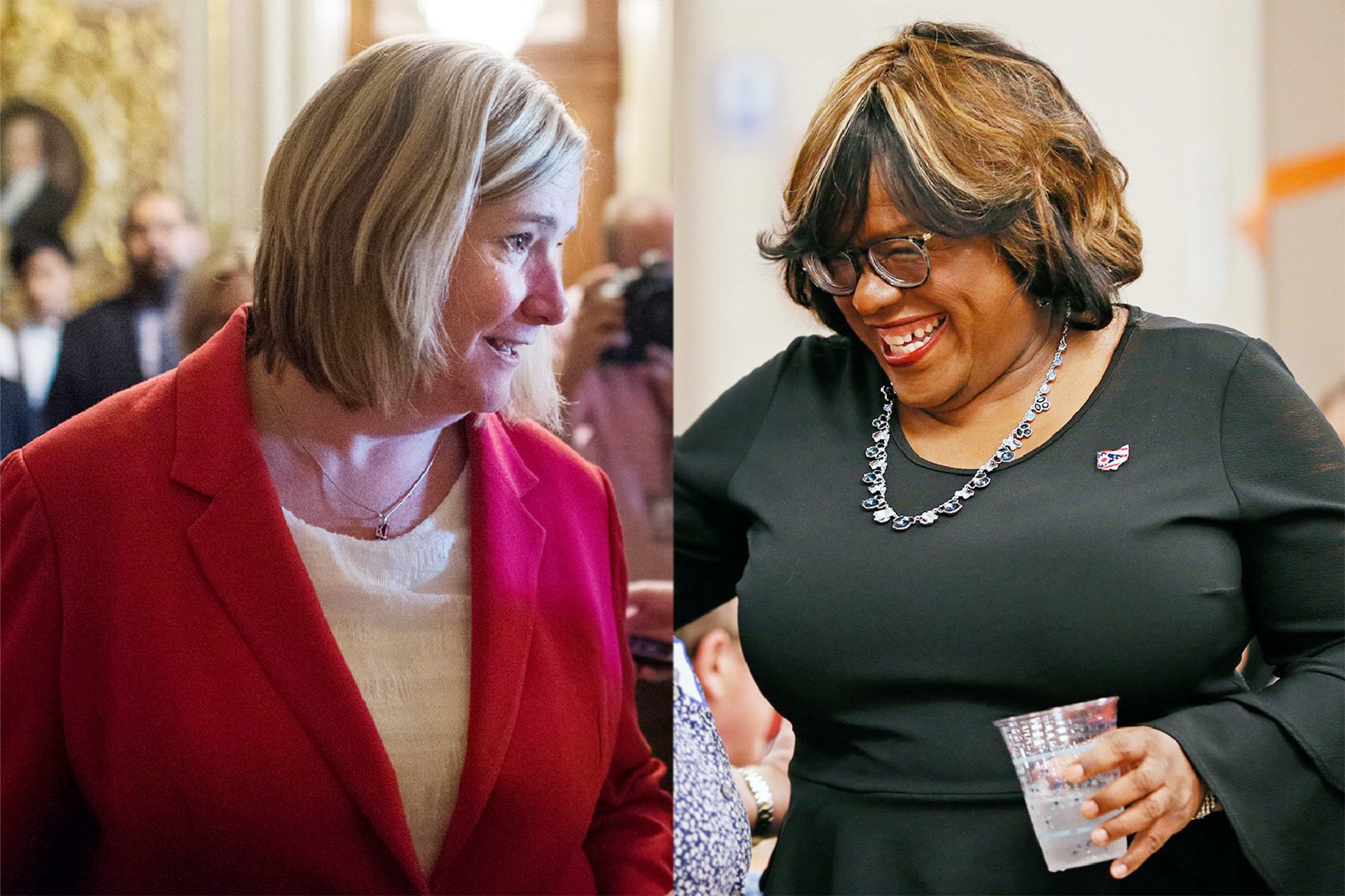 A collage of two images: one of Nan Whaley and one of Cheryl Stephens. They are both smiling while speaking to people out of the frame.