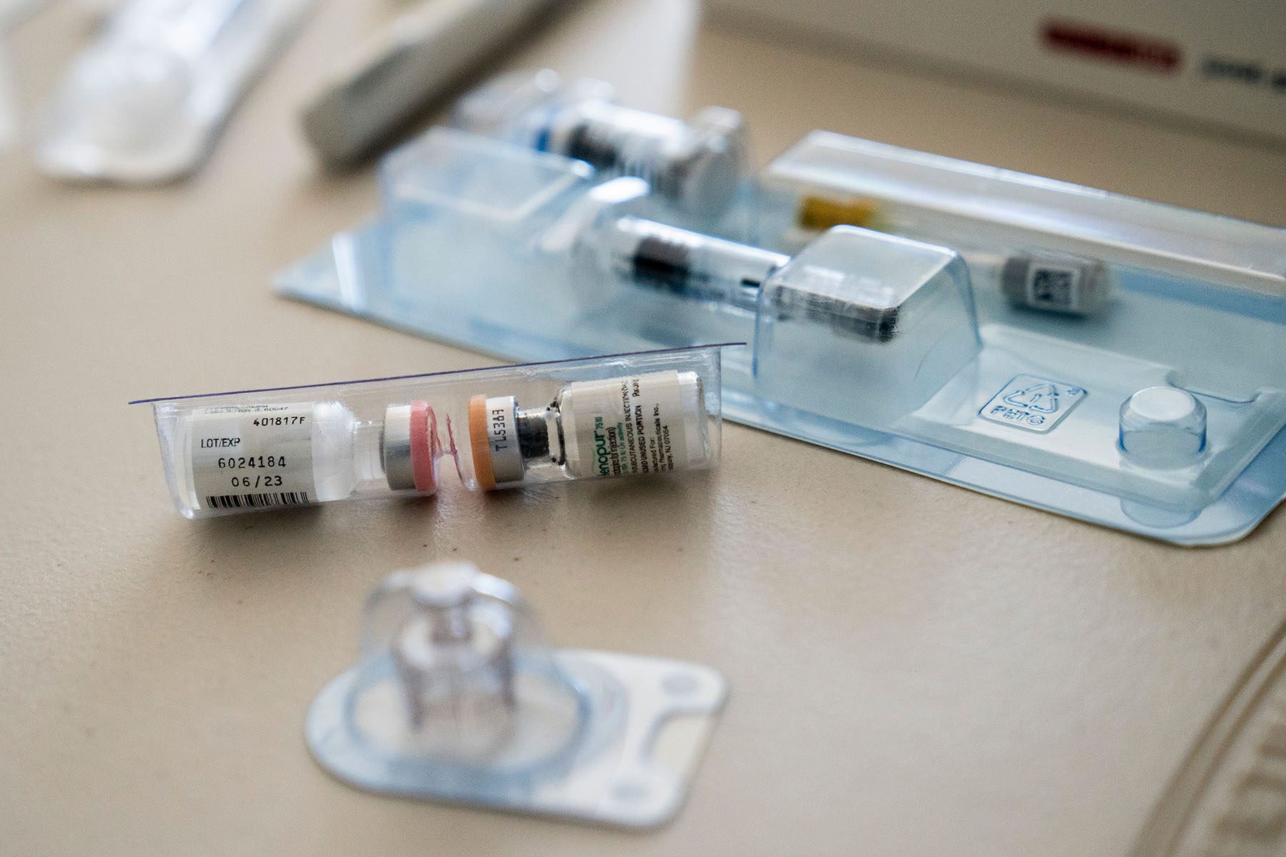 IVF medications is seen on a table at the home of a woman undergoing IVF treatment