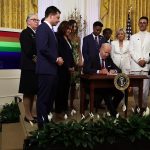 President Biden signs an executive order at a desk as others look on.