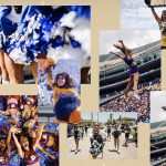 Collage of different images of cheerleaders cheering and performing routines.