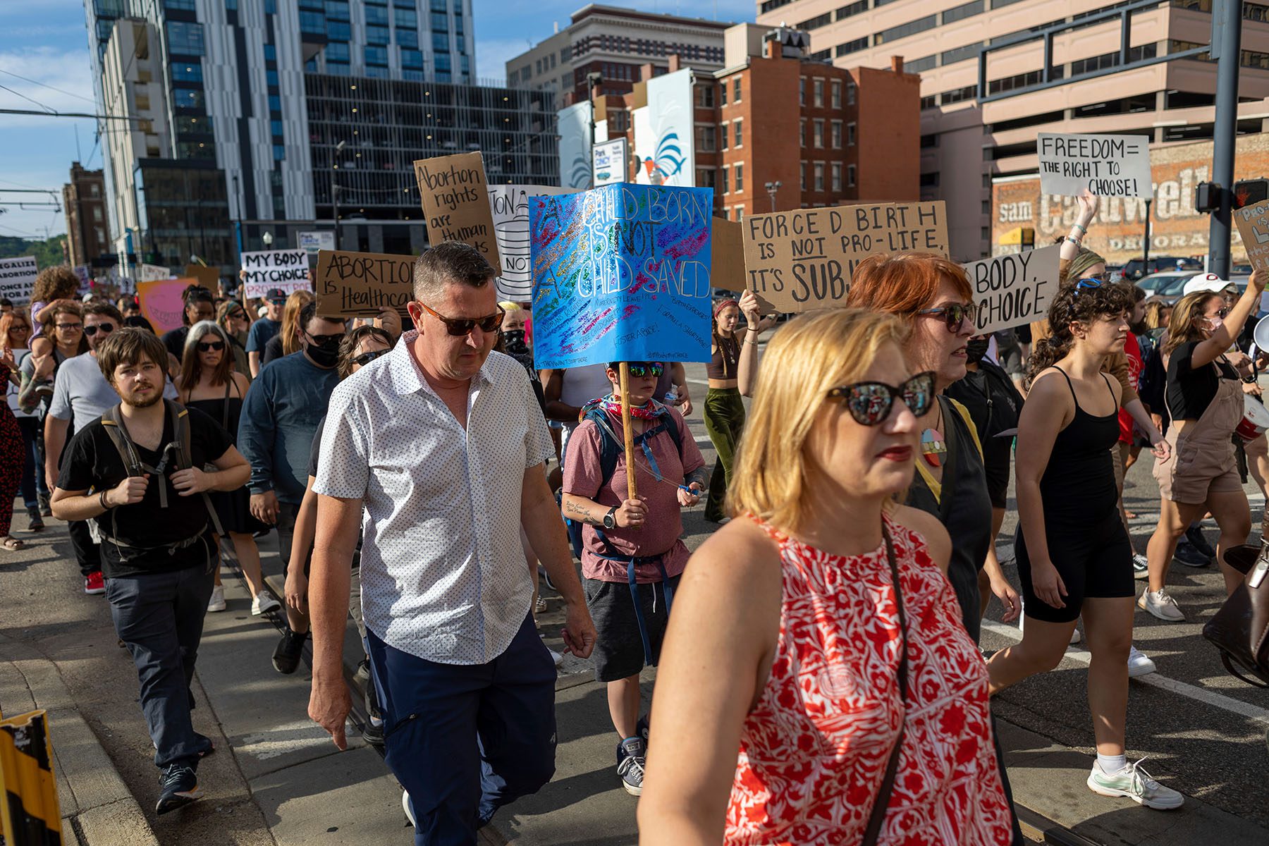 Demonstrators are seen protesting in downtown Cincinnati