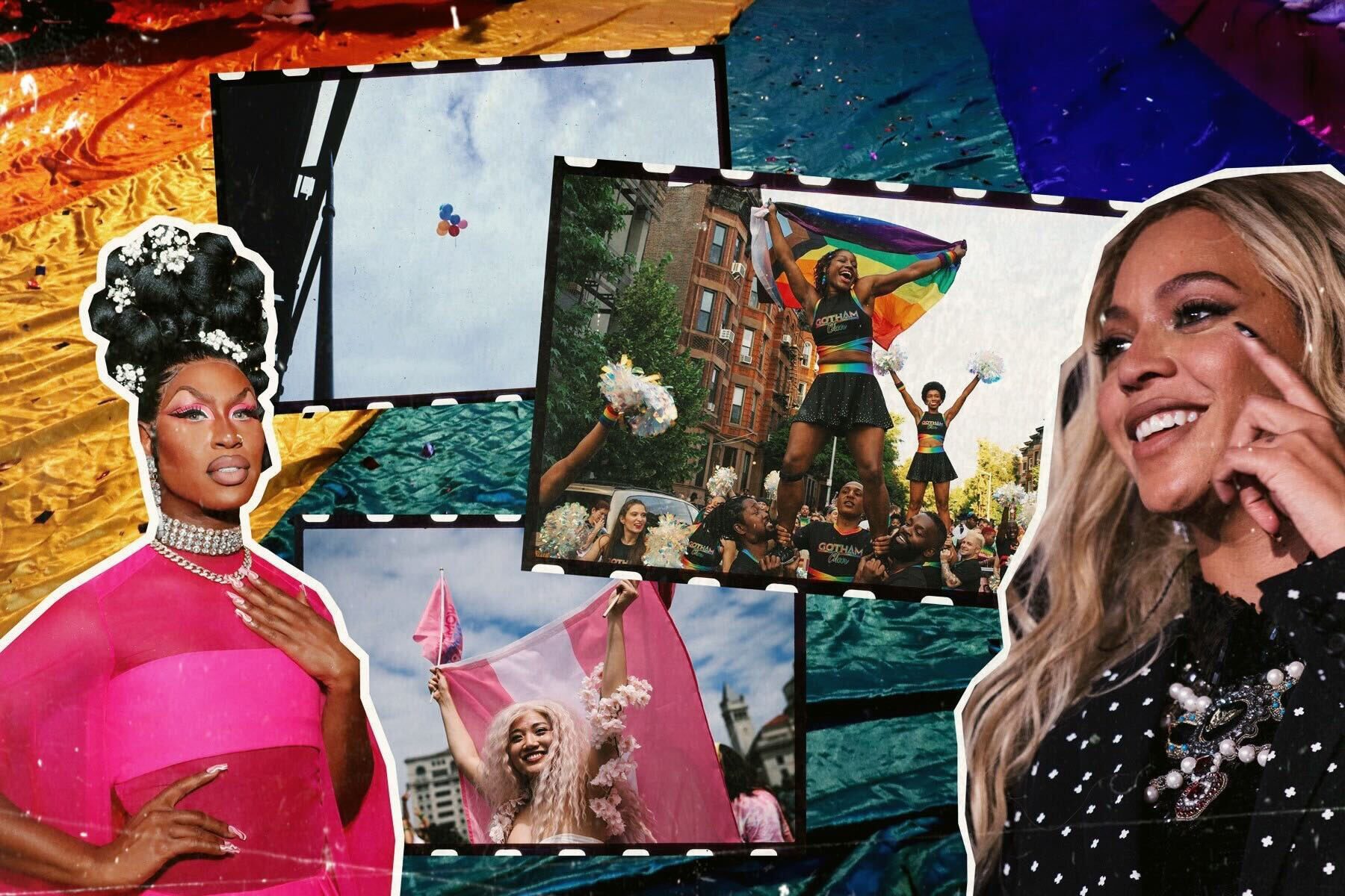 Photo collage featuring images of pride celebrations and cut outs of Beyonce and drag queen Shea Couleé..