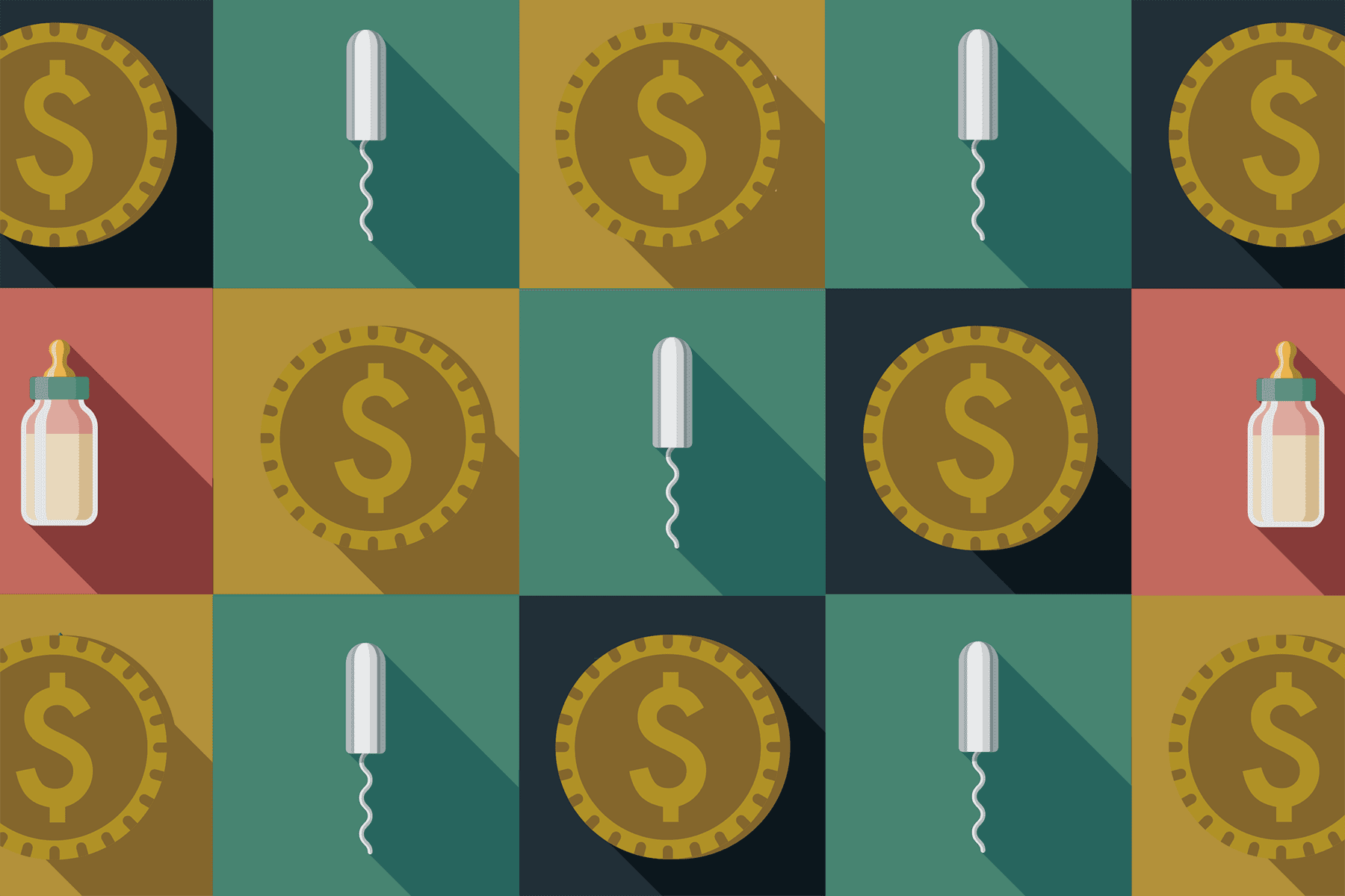 Illustration composed of dollar icons, tampon icons and baby bottle icons in different colors.