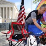 rainbow flag and american flag outside the supreme court (scotus) in anticipation of bostock hearing