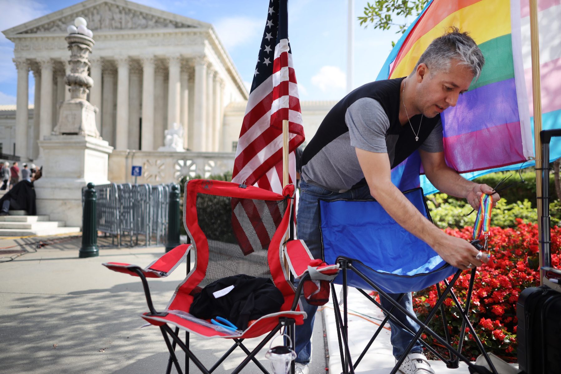 rainbow flag and american flag outside the supreme court (scotus) in anticipation of bostock hearing