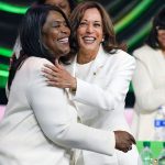 Kamala Harris and Dr. Glenda Glover exchange a hug before the Vice President's speech.