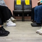 Patients' shoes are seen as they gather in the counseling area of the Jackson's Women's Health Organization