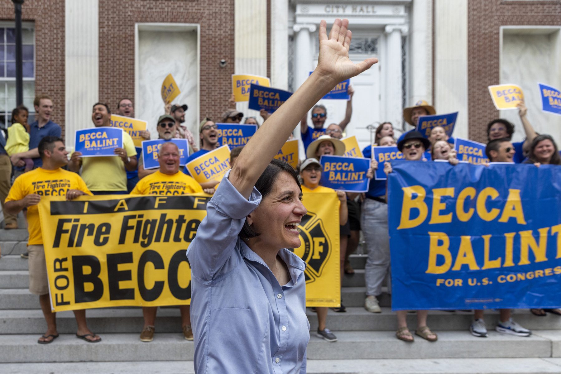 Becca Balint waves to supporters.