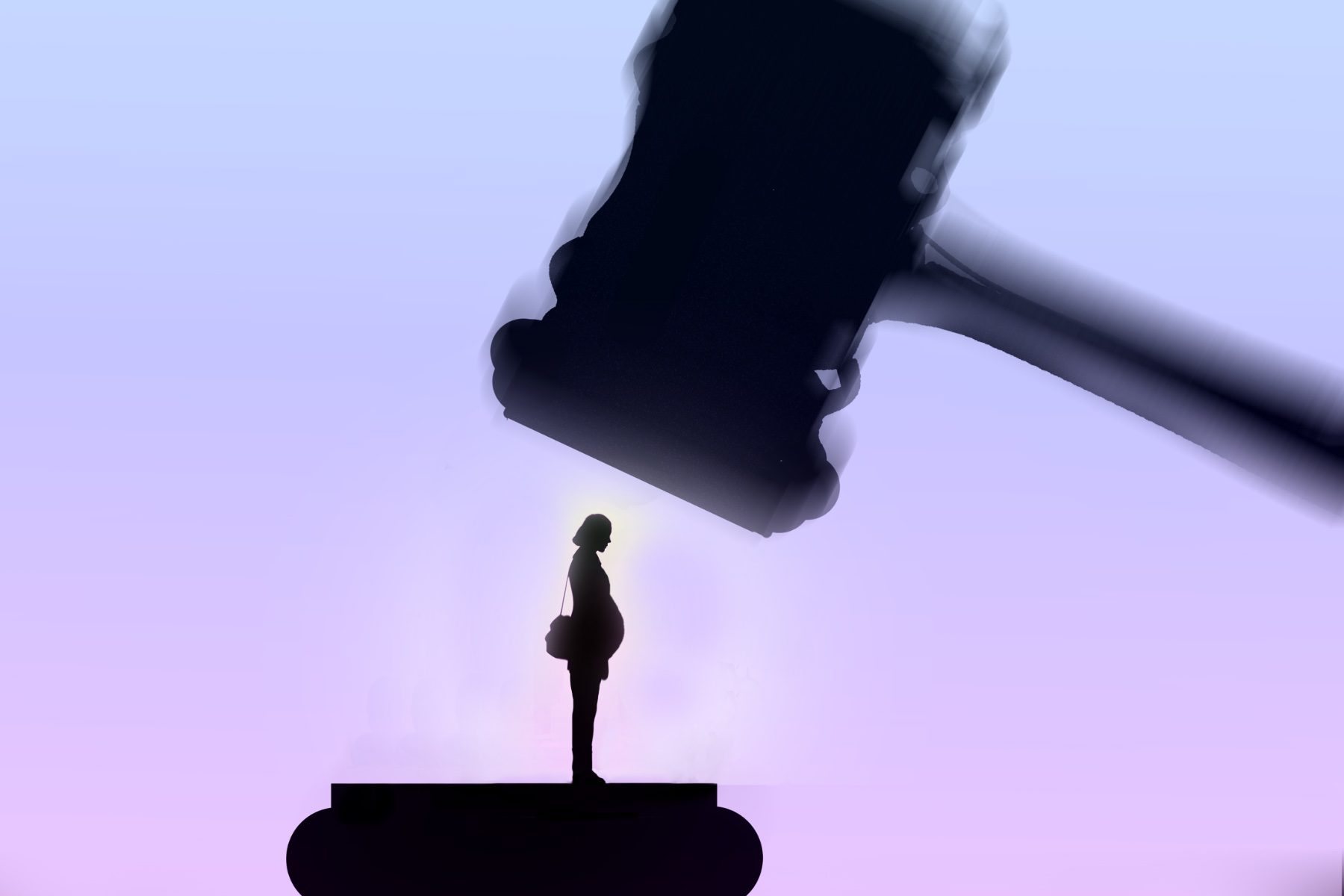 An illustration of a pregnant person and a gavel coming down on top of them.