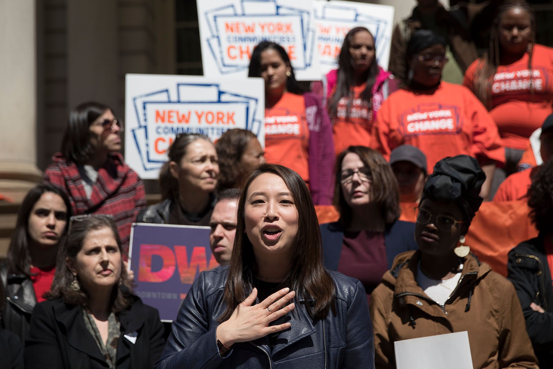 Yuh-Line Niou speaks during a rally on the steps of New York's City Hall.