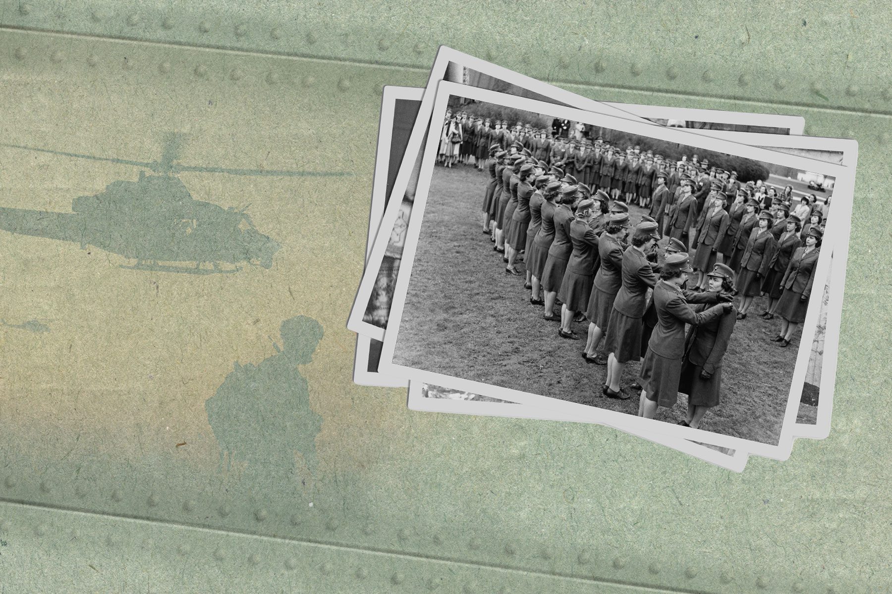 A photo collage showing a stock of vintage photos of women's military uniforms.