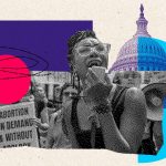 A photo illustration of a protestor at a rally in front of the US Capitol.