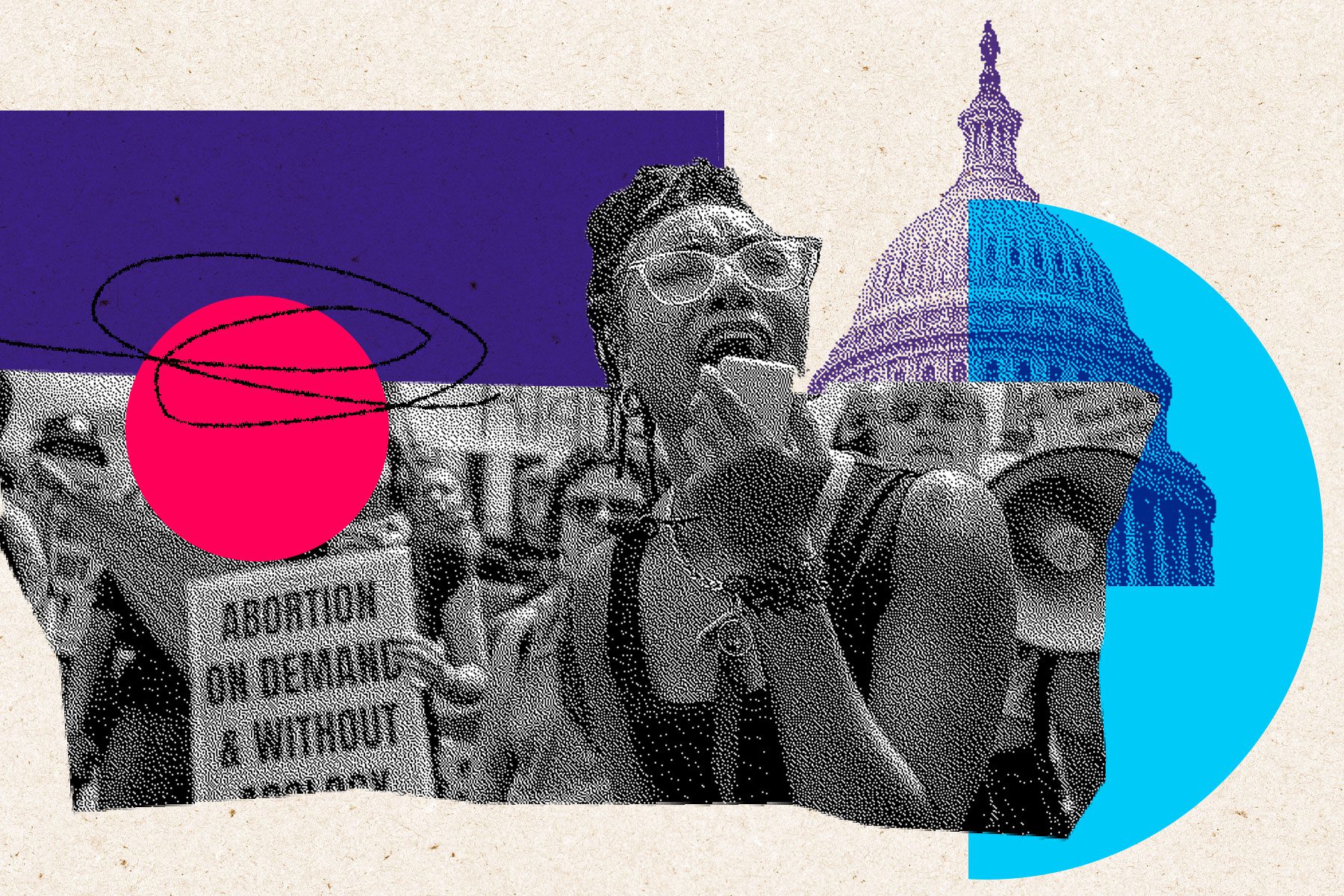 A photo illustration of a protestor at a rally in front of the US Capitol.