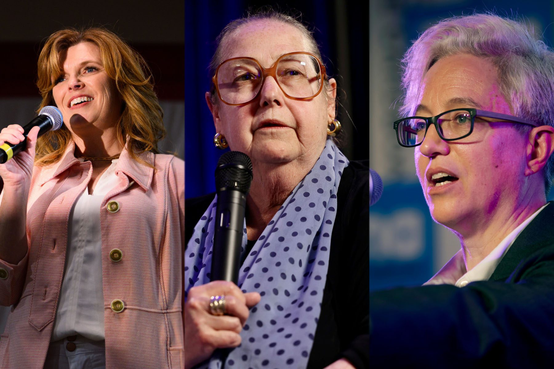 Triptych of Christine Drazan, Besty Johnson and Tina Kotek speaking on stage at three different events.