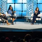 Kamala Harris is seen on stage during a conversation on reproductive choice with DeWanda Wise and Errin Haines