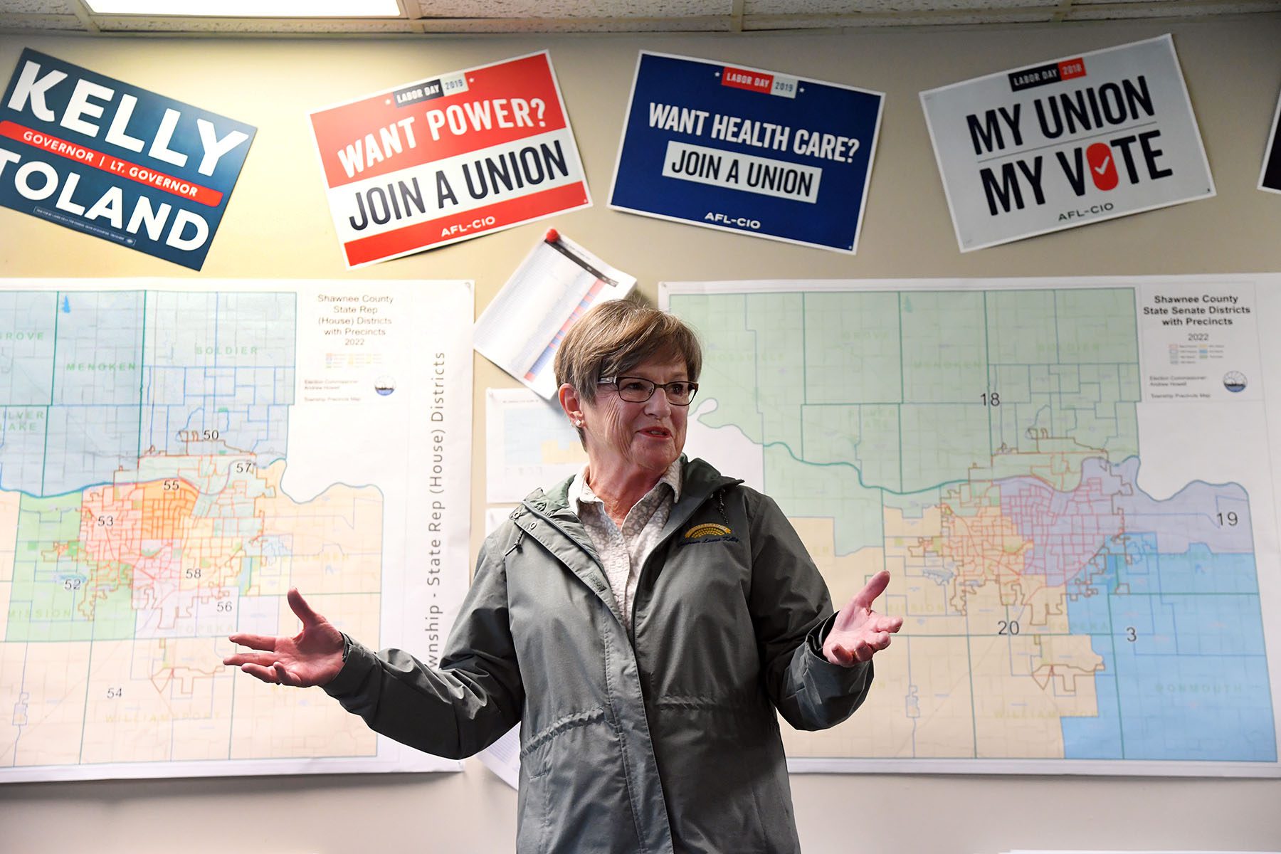 Gov. Laura Kelly speaks to volunteers and supporters during a canvassing event.