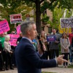 Abortion rights activists protest during a 