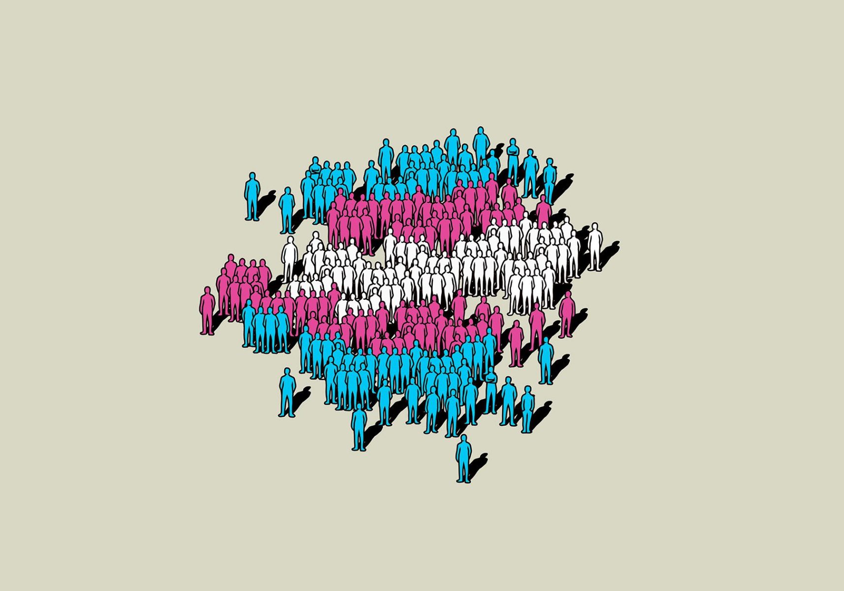 Illustration of a crowd of people, some are blue, some are pink and some white. together, they form a transgender flag.