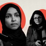 Photo collage of Representatives Ilhan Omar and Rashida Tlaib on their phones looking solemn.