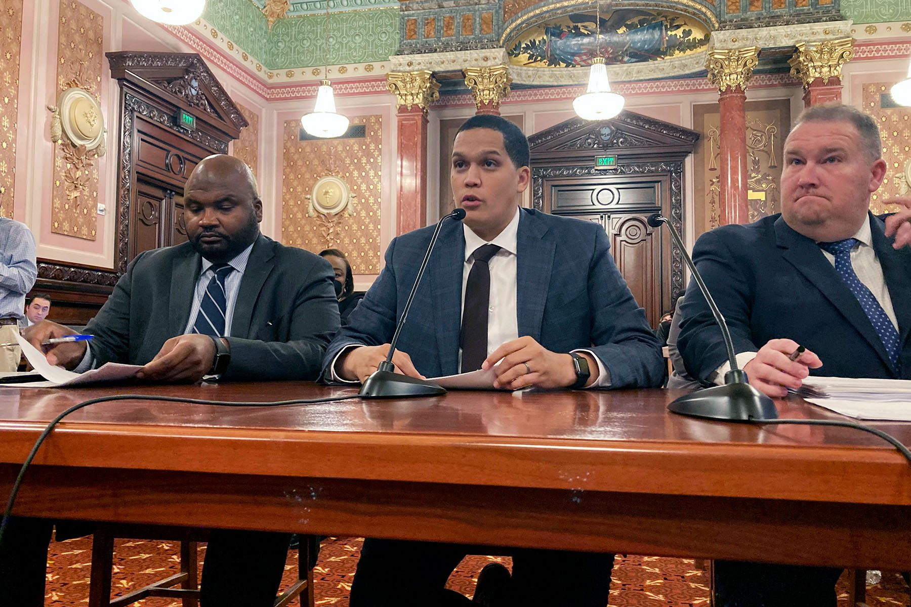 State Sen. Robert Peters testifies before the Senate Executive Committee.