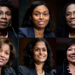 images of Candace Jackson-Akiwumi, Natasha C. Merle, Ketanji Brown Jackson, J. Michelle Childs, Nusrat Jahan Choudhury, Regina M. Rodriguez at their comfirmation hearings.