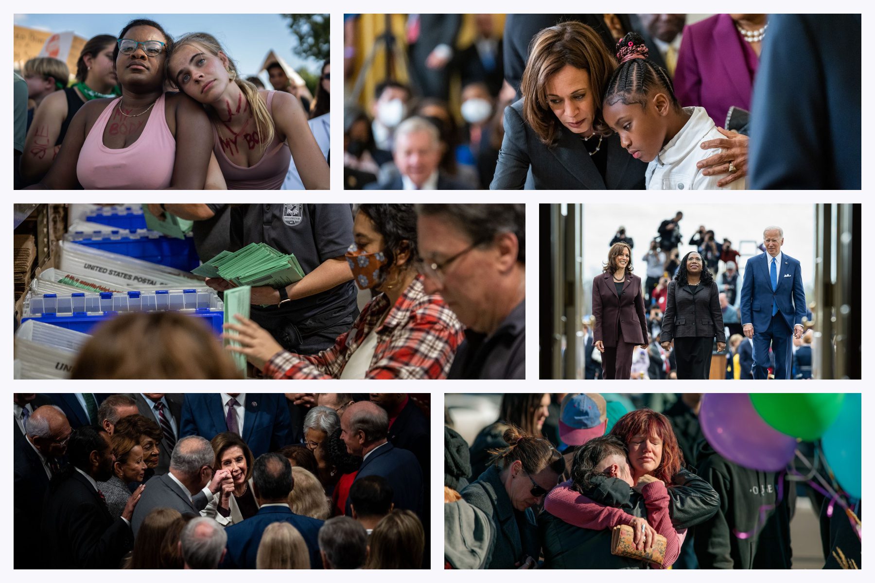 Collage of photographs of abortion rights protests, election workers, kamala harris, and more.