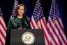 US Vice President Kamala Harris speaks at a podium.