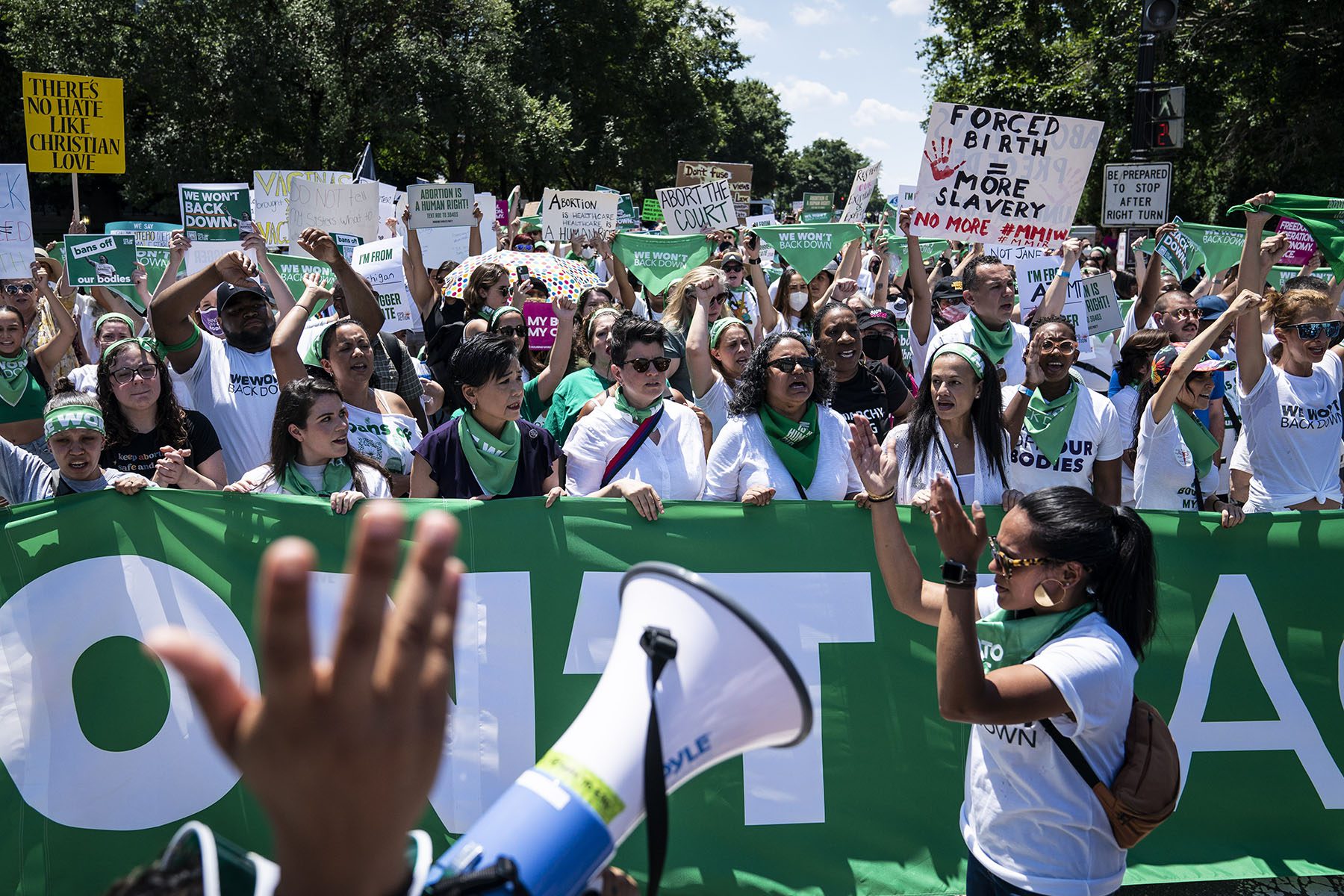 Demonstrators, including Alexis McGill Johnson and Mini Timmaraju join a large group of people protesting the Supreme Court's decision to overturn Roe v Wade, in Washington, D.C.