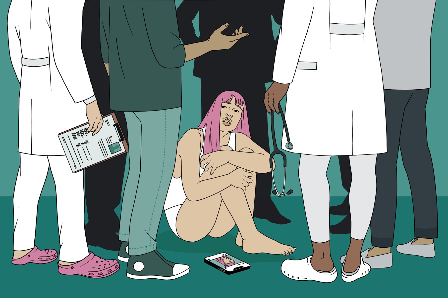 In this illustration, an androgynous person looks worried and uneasy as they sit on the floor, hugging their knees. They are looking up at a group of people and doctors in scrubs surrounding them and appearing to be having a discussion about them. Their phone is next to them on the ground open on an image of themselves posted to on a social media website.