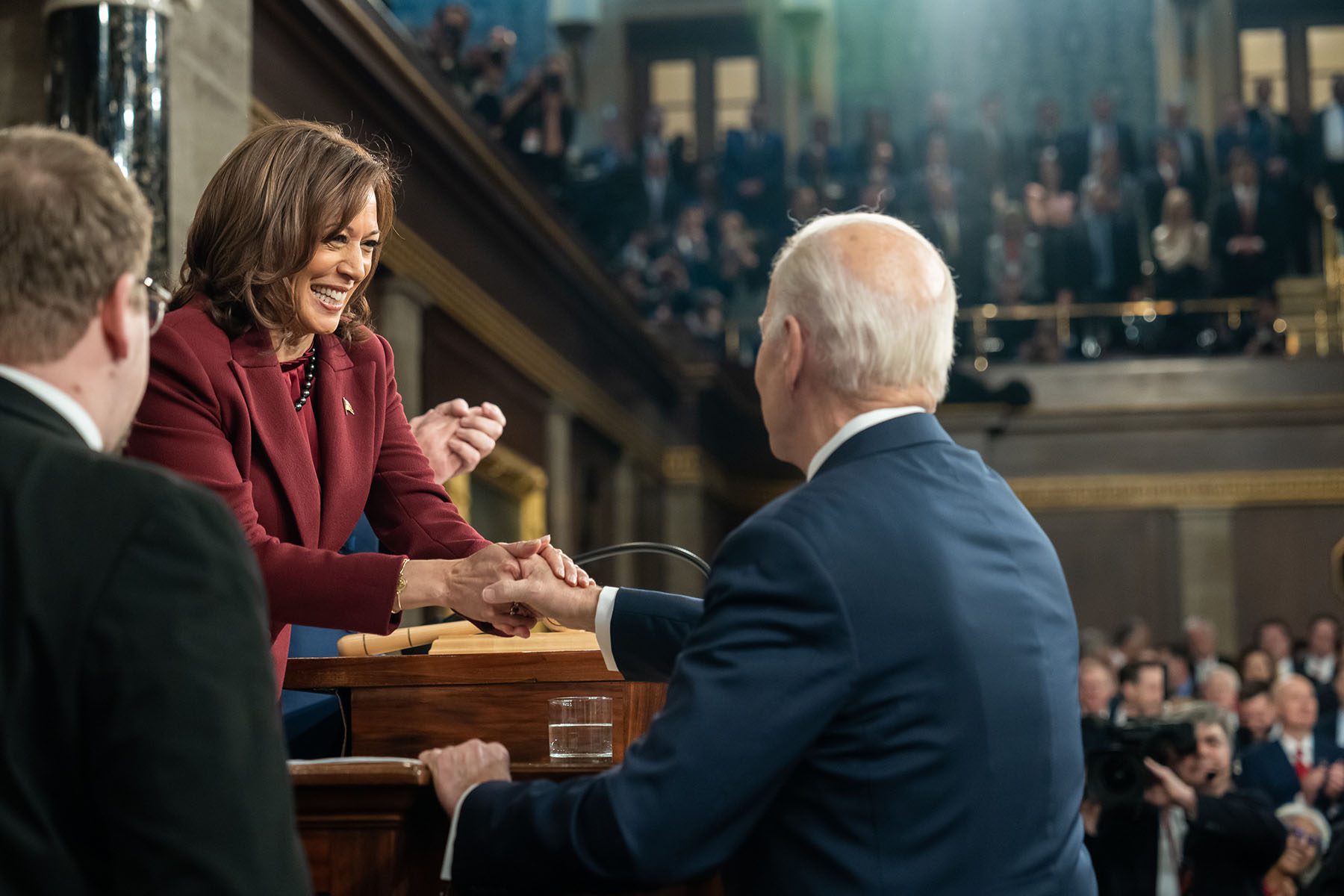 President Biden greets Vice President Kamala Harris as he arrives to deliver his State of the Union address.