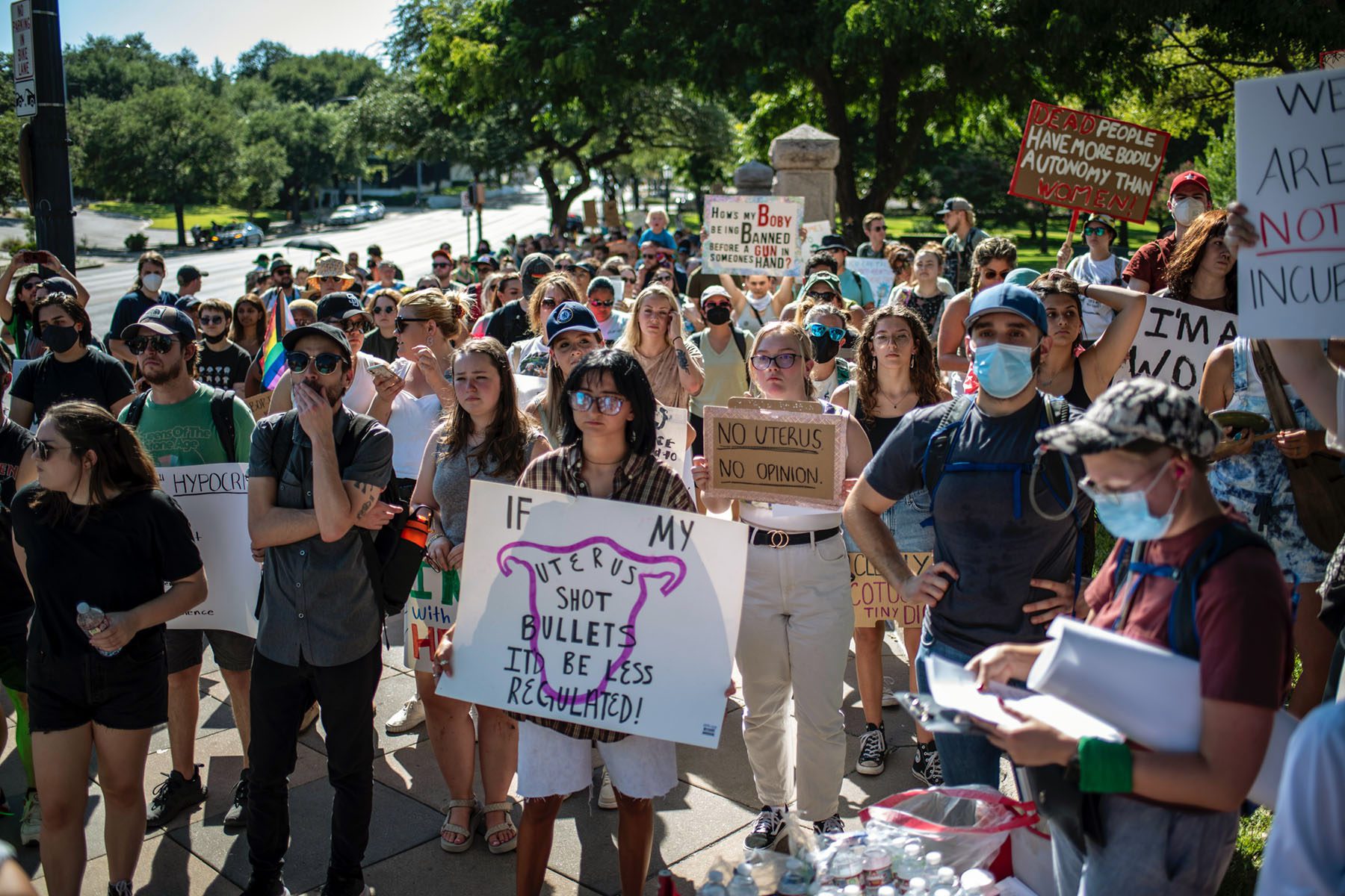 Protesters hold up signs during an abortion-rights rally in Austin, Texas.