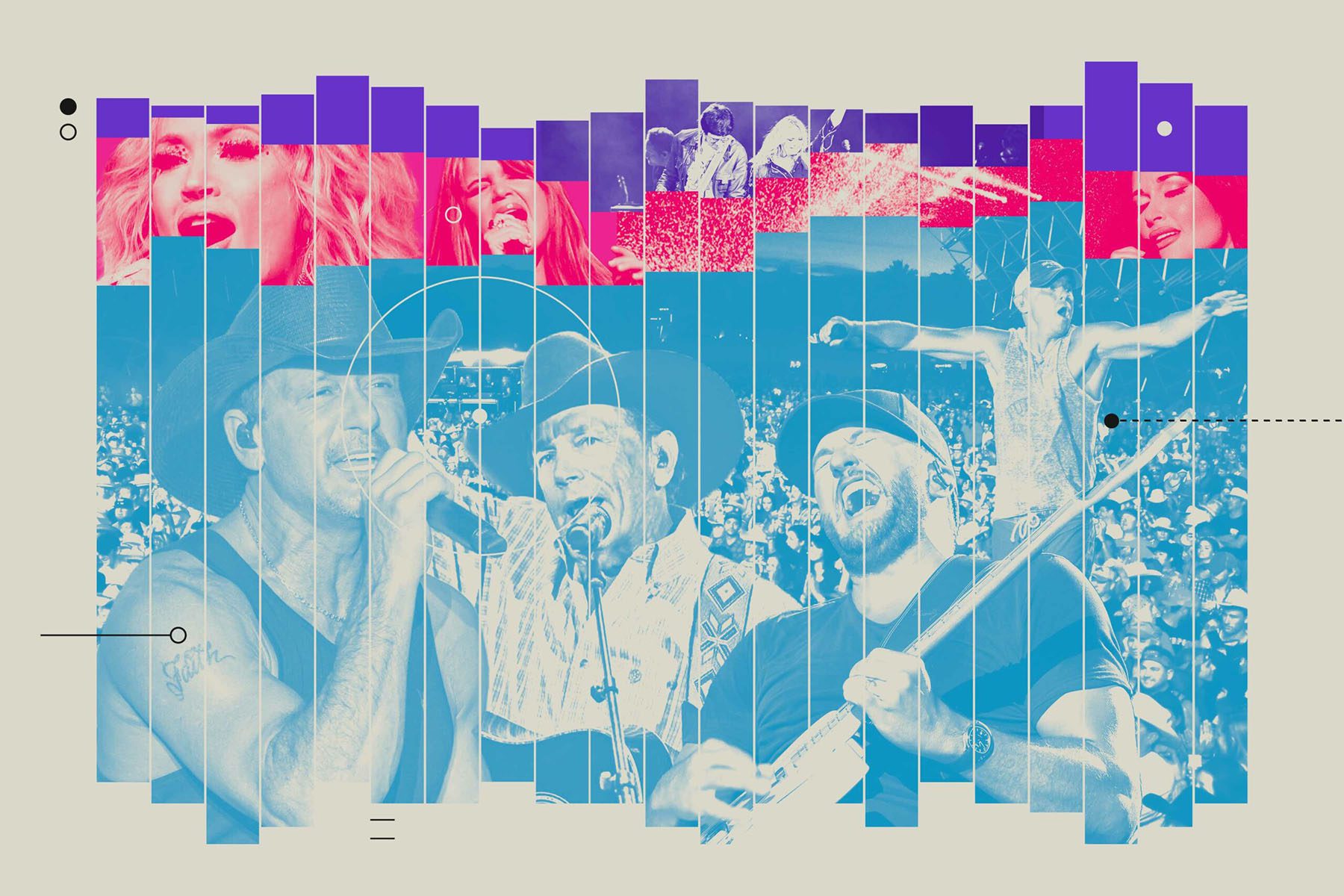 Photo illustration of a stylized bar chart depicting the larger proportion of male country singers compared to female country singers.