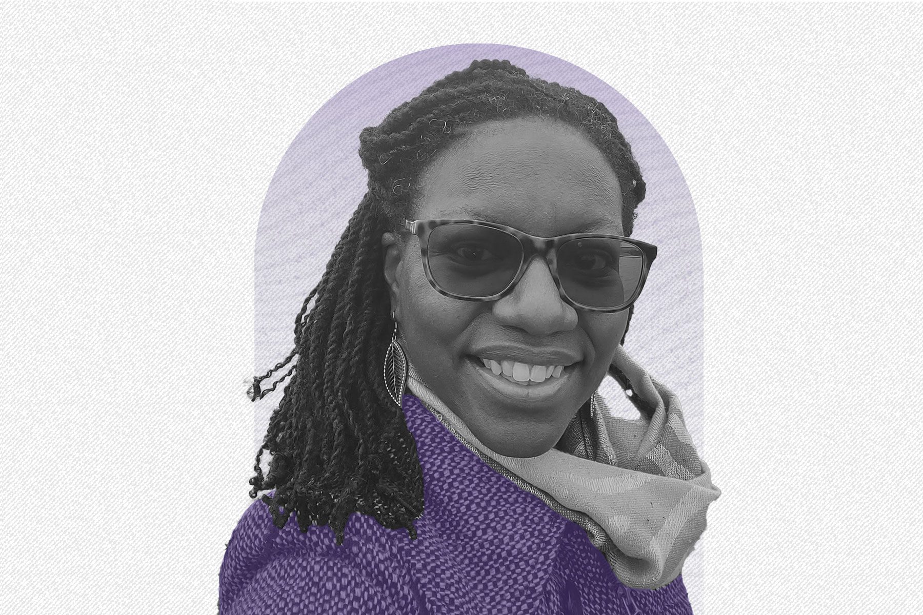 Photo illustration of Daniella Zalcman on a purple background.