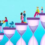 An illustration of parents in waiting in line on hour glasses for childcare.