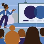 Illustration of a black woman presenting a slideshow containing charts to an audience.