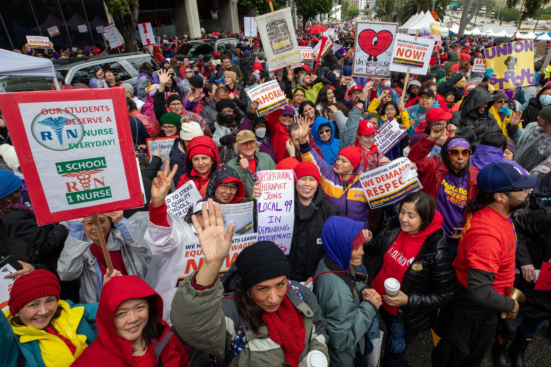 Los Angeles school workers rally with signs at a strike.