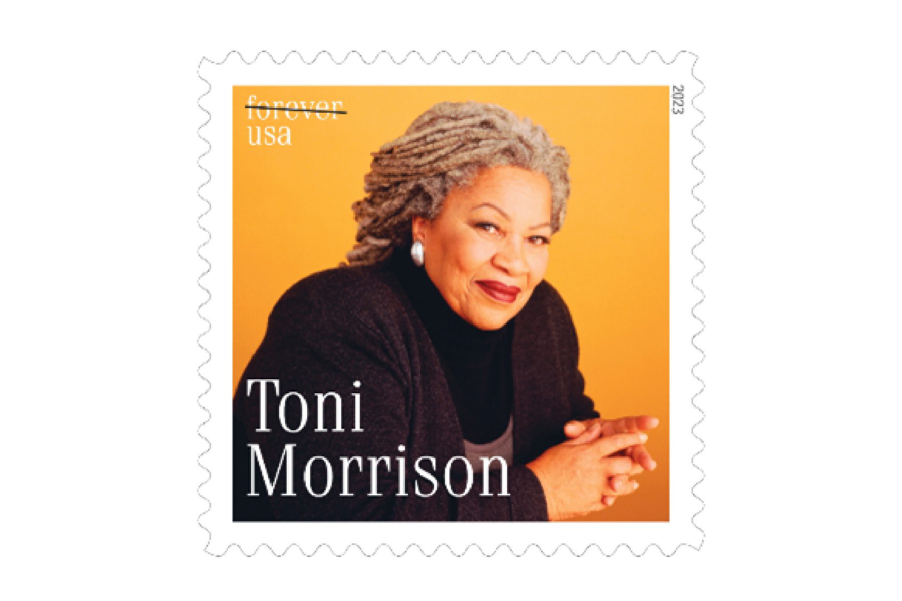 Image of the new toni morrison stamp where toni morrison is posing look at the camera.