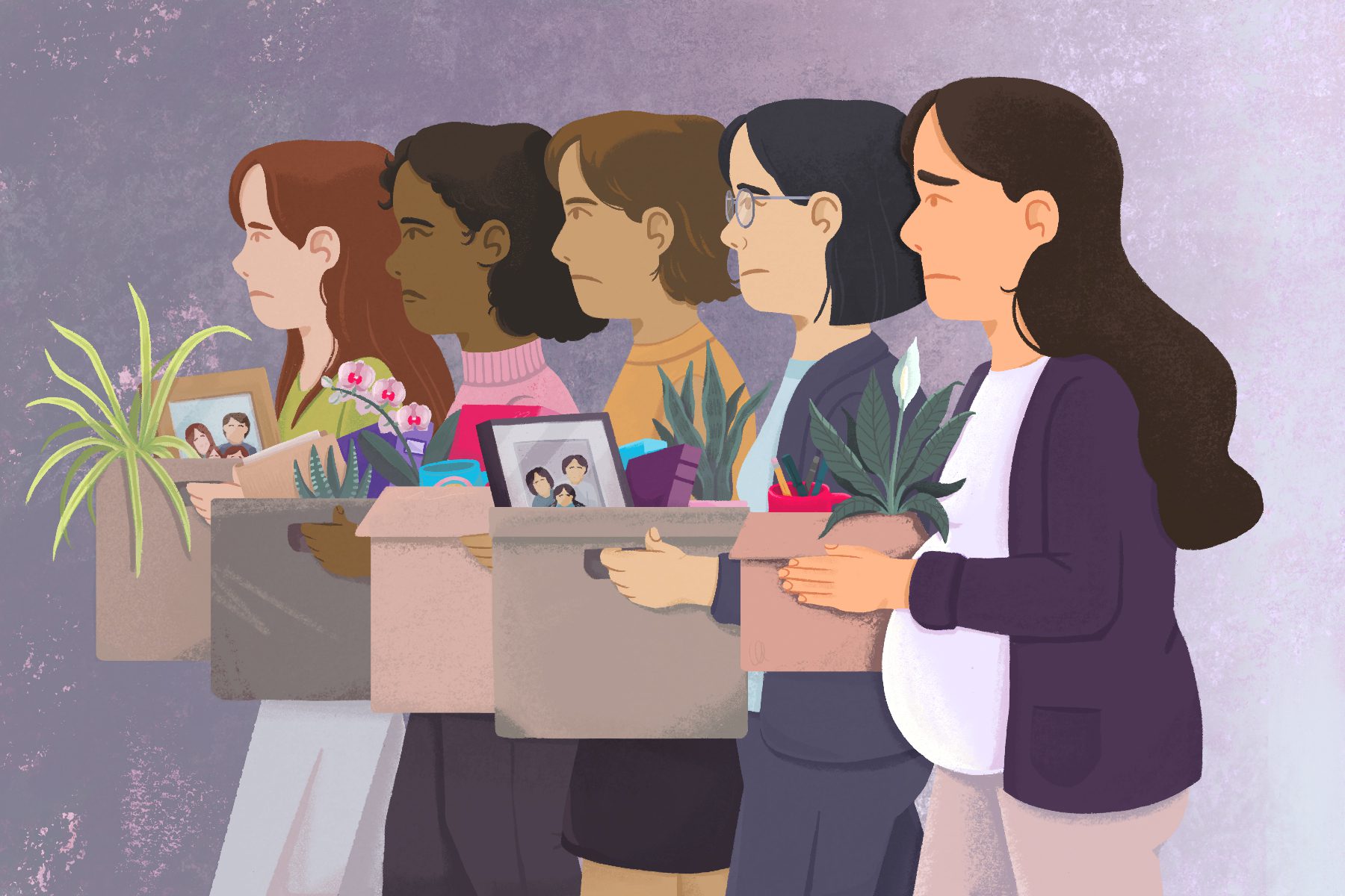 An illustration of recently laid off women lined up alongside one another carrying their personal items home.