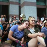 Two friends lean on each other during an abortion rights protest in Raleigh, North Carolina.