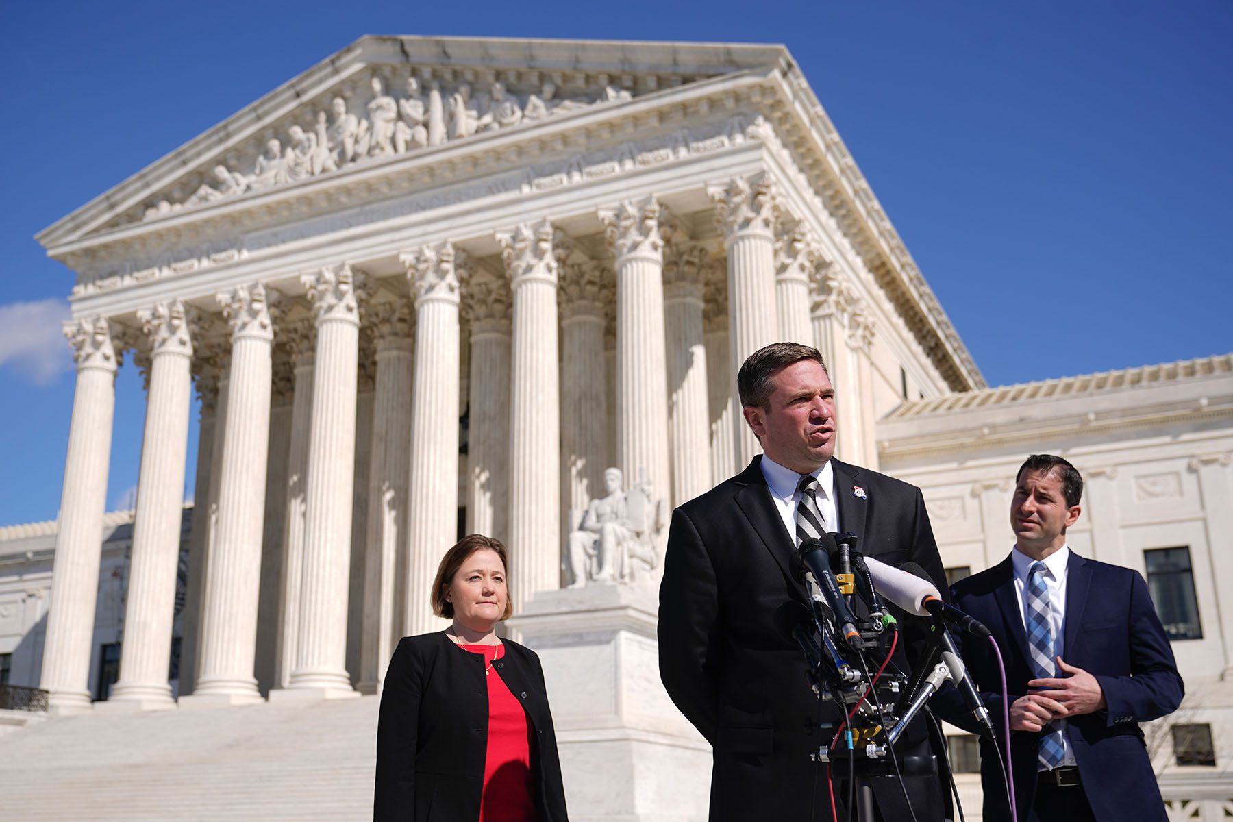 Missouri Attorney General Andrew Bailey speaks with reporters outside the Supreme Court in Washington, D.C.