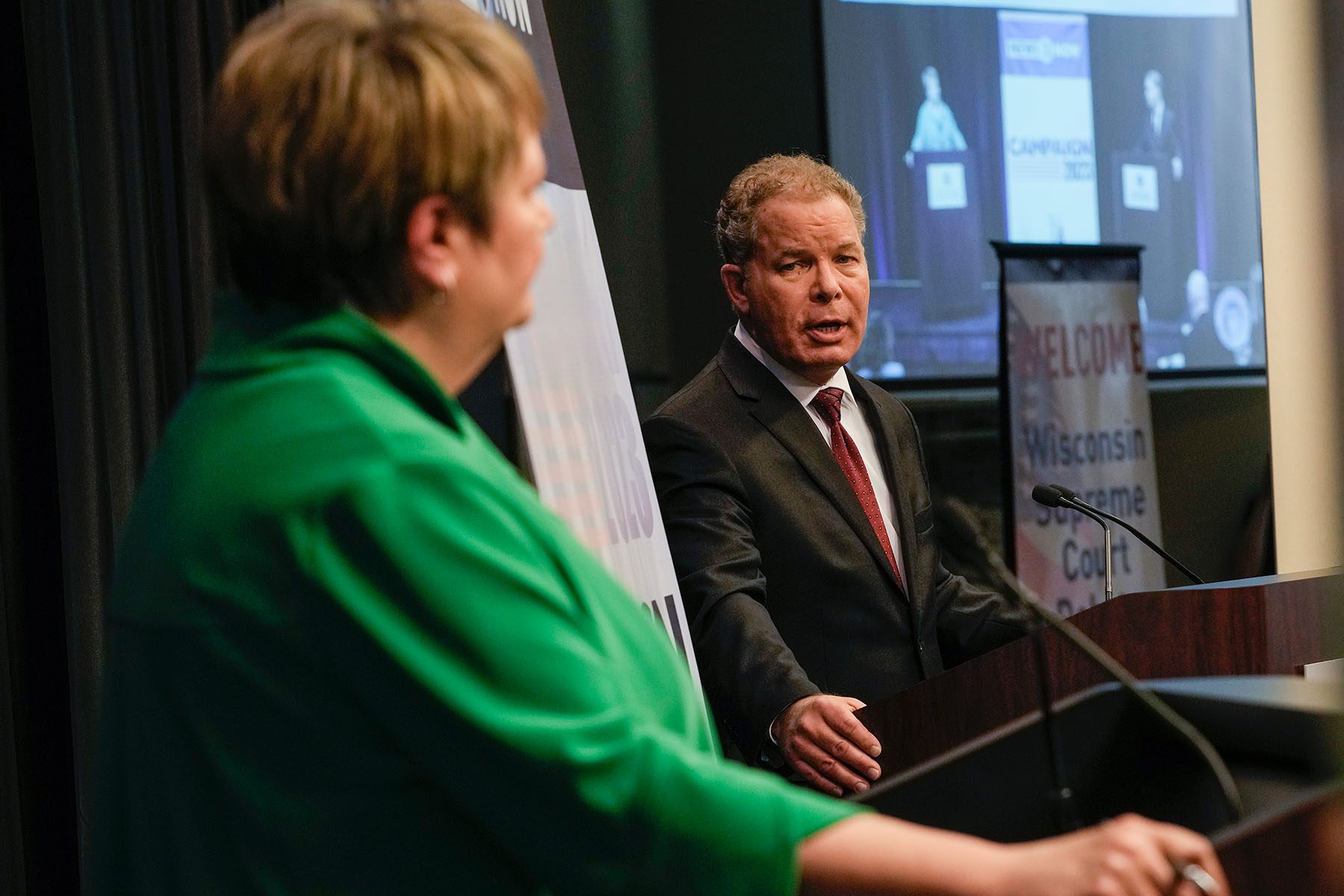 Wisconsin Supreme Court candidates Dan Kelly and Janet Protasiewicz participate in a debate.